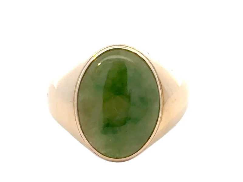 Sterling silver rings with vibrant turquoise stones -Oval Mottled Green Jade Ring 14K Yellow Gold