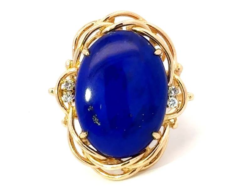 Rings with oxidized bands for vintage edge -Large Oval Lapis Lazuli Diamond Cocktail Ring 14k Yellow Gold