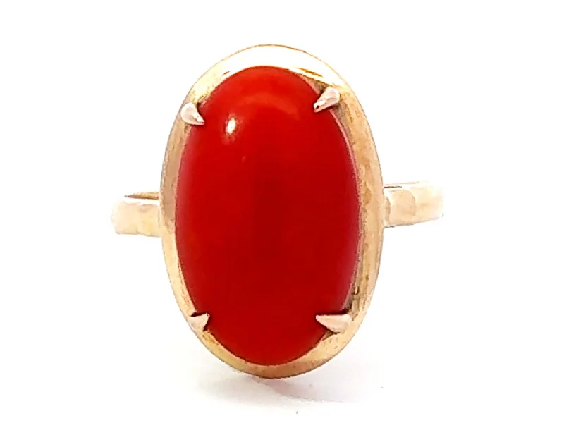 Rings with starburst topaz for radiant beauty -Vintage Oval Aka Coral Ring 14k Yellow Gold