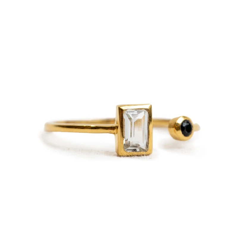 Rings with blue quartz for cool tones -Gold Plated Brass Rectangle White Topaz and Black Spinel Dual Ring Adjustable