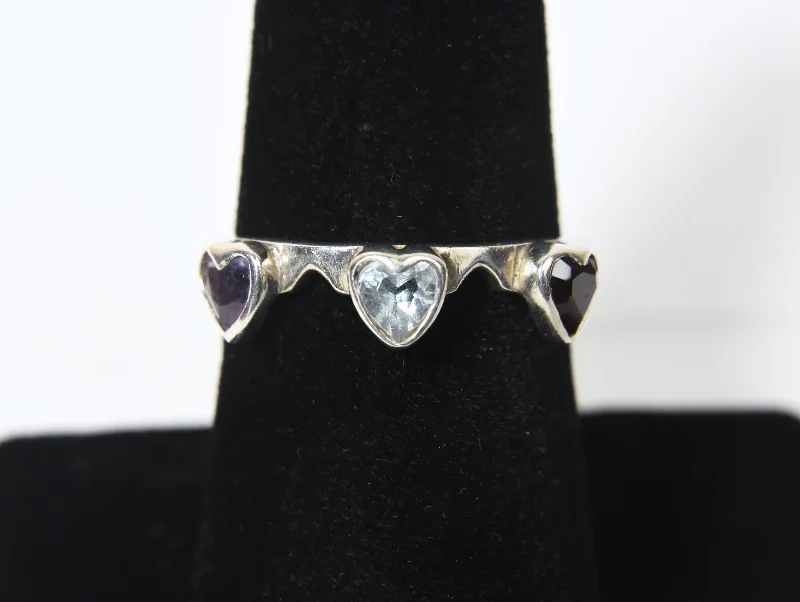 Rings with lotus flower engravings for peace -Blue Topaz, Red Garnet, Amethyst Hearts Sterling Silver Ring - Size 6.75