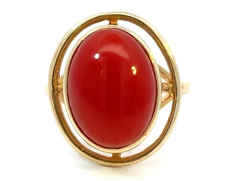 Rings with star sapphire for unique glow -Red Aka Coral Cabochon Ring 14k Yellow Gold