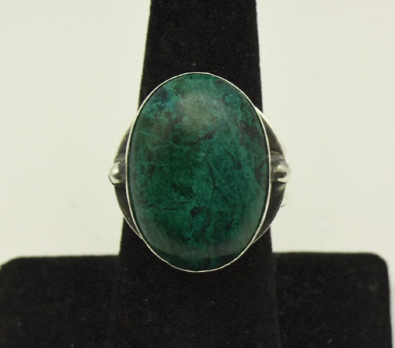 Rings with polished tourmaline for vibrant shine -Vintage Handmade Chrysocolla Sterling Silver Adjustable Ring