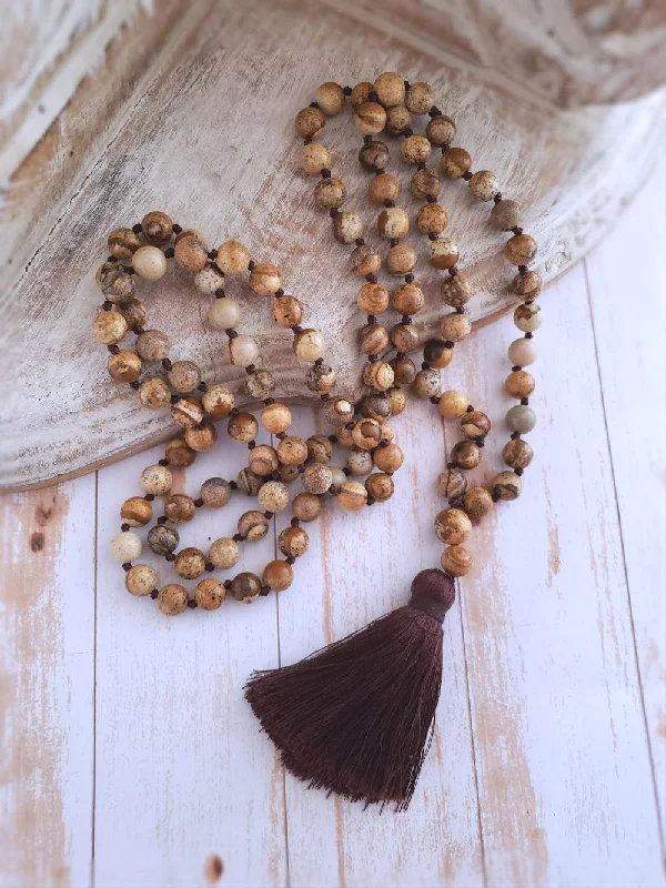 Best necklaces and pendants with crystal accents for a sparkling and elegant style-Boho style necklaces for summer -Picture Jasper Mala Necklace