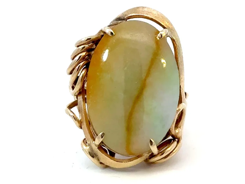 Rings with claw-set amethyst for security -Oval Pale Green and Brown Jade Ring 14k Yellow Gold