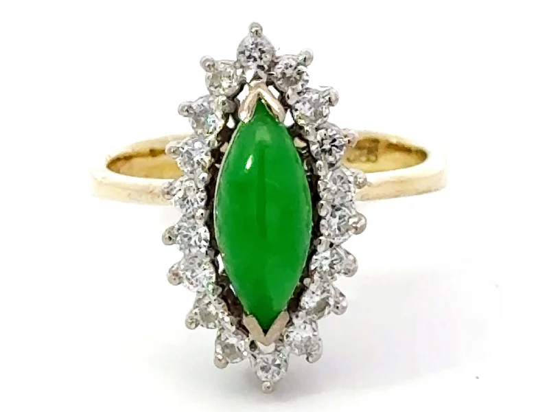 Rings with hematite for sleek metallic sheen -Marquise Green Jade Cabochon Diamond Halo Ring 14k Yellow Gold