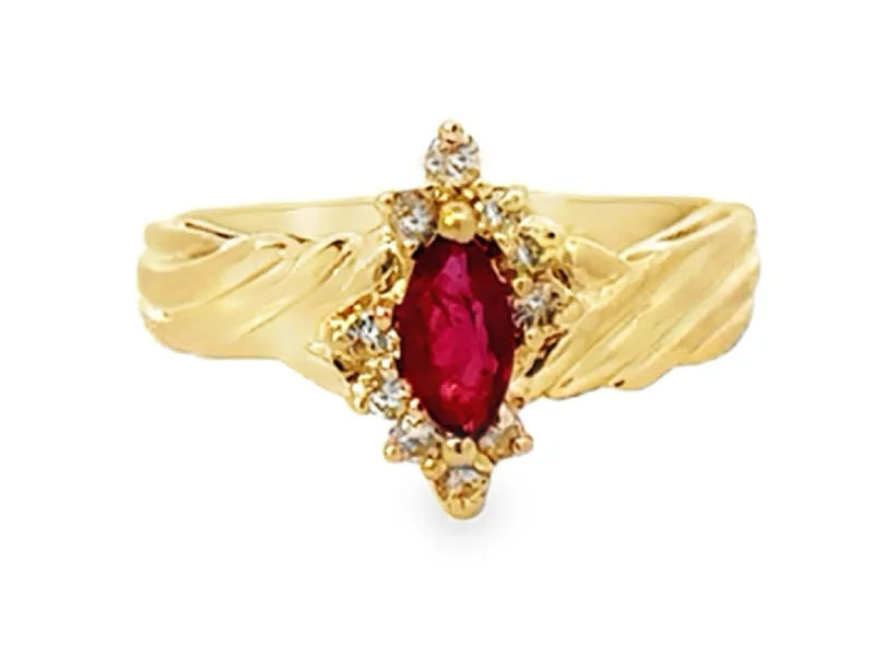 Rings with claw-set amethyst for security -Marquise Red Ruby and Diamond Ring 14k Yellow Gold