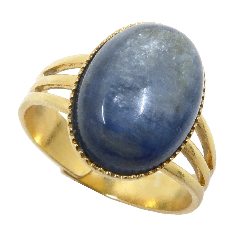 Dainty rings with subtle engraved star motifs -Kyanite Ring Blue Oval Gemstone Gold Adjustable