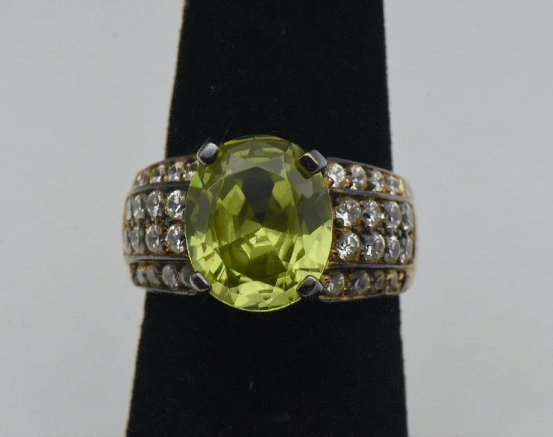 Rings with vine-wrapped bands for nature -Vintage Green and Colorless CZ Gold Plated Sterling Silver Ring - Size 6