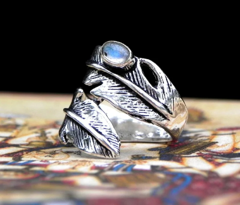 Rings with etched floral bands for detail -Moonstone Feather Ring