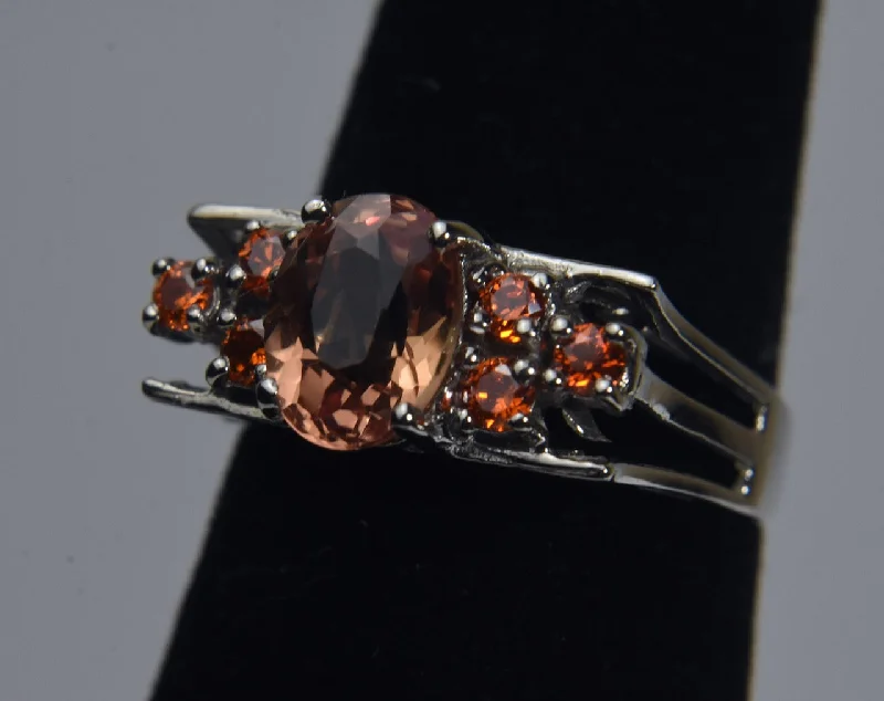 Rings with oxidized bands for vintage edge -Synthetic Padparadscha Sapphire and Fire Opal Sterling Silver Ring - Size 6.25