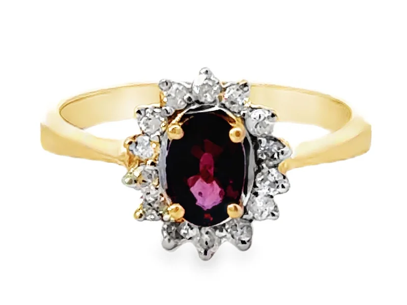 Rings with spiral designs for eye-catching twist -Oval Red Ruby and Diamond Halo Ring 14k Yellow Gold