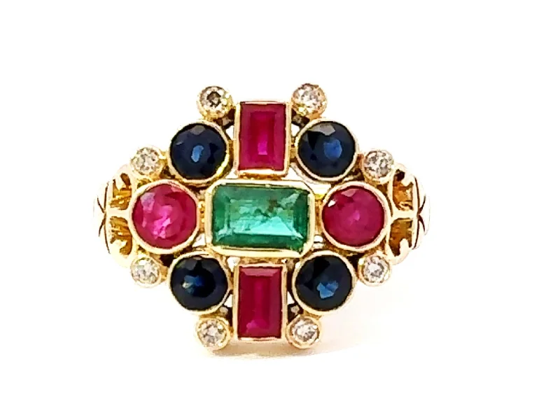 Sterling silver rings with vibrant turquoise stones -Ruby Emerald Sapphire Diamond Ring 18k Yellow Gold