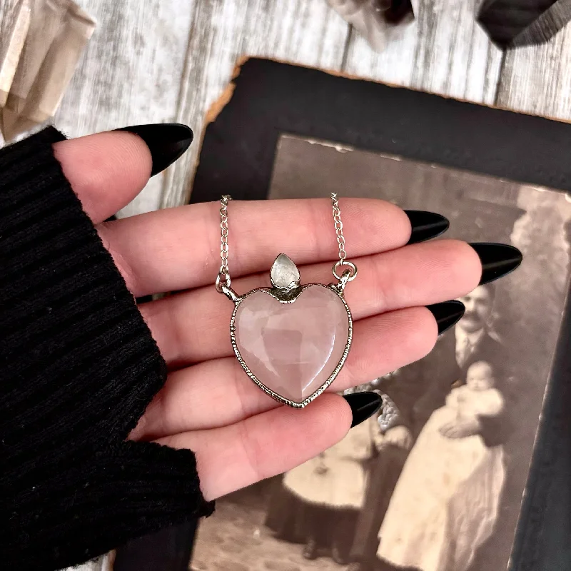 Best necklaces and pendants with matching rings for a coordinated jewelry set-Silver lockets for sentimental gifts -Rose Quartz Crystal Heart Clear Quartz Teardrop Statement Necklace in Fine Silver / Foxlark Collection - One of a Kind