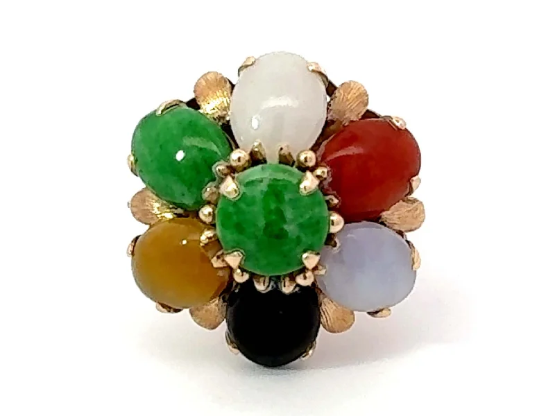 Rings with oxidized silver for antique appeal -Multi Colored Jade Flower Ring 14K Yellow Gold