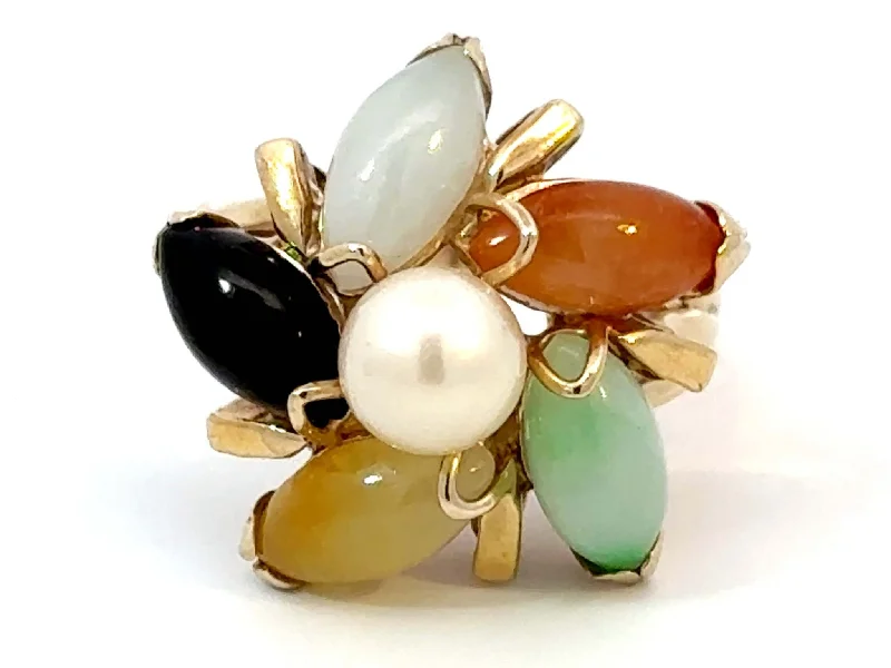 Rings with wide bands for statement wear -Multi Colored Jade Flower and Pearl Center Ring 14K Yellow Gold