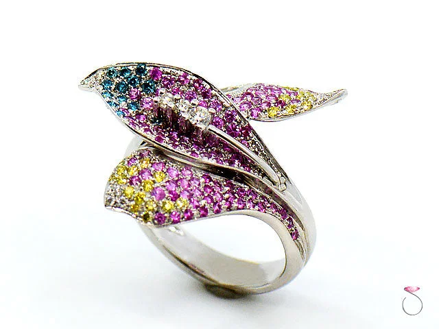 Rings with vintage-inspired rose-cut diamonds -Pink Sapphire & Multi Color Diamond Designer Floral 18K Ring