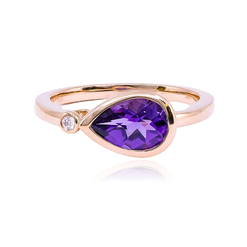 Rings with hammered silver for rustic appeal -14K ROSE GOLD TEADROP AMETHYST RING