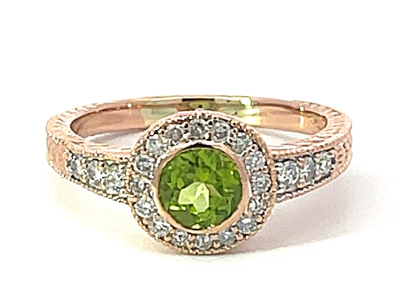 Rings with gothic rose quartz for drama -Round Green Peridot and Diamond Halo Ring in 14k Pink Gold