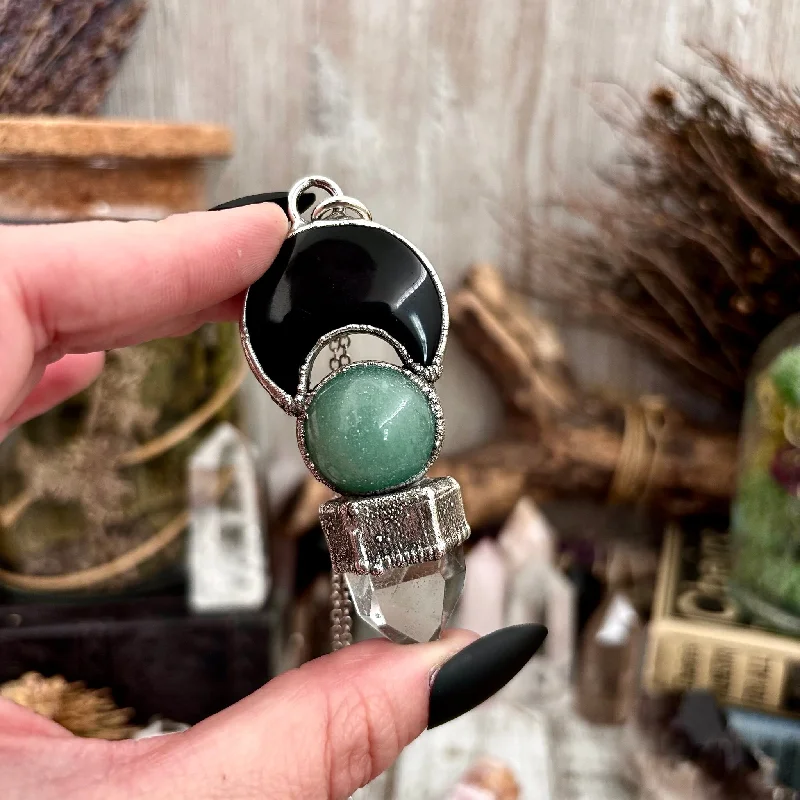 Layered necklaces and pendants for a trendy and fashionable stacked look-Layered necklaces for boho style -Black Onyx Moon, Green Aventurine Crystal ball, Clear Phantom Quartz Necklace in Fine Silver / Foxlark Collection - One of a Kind