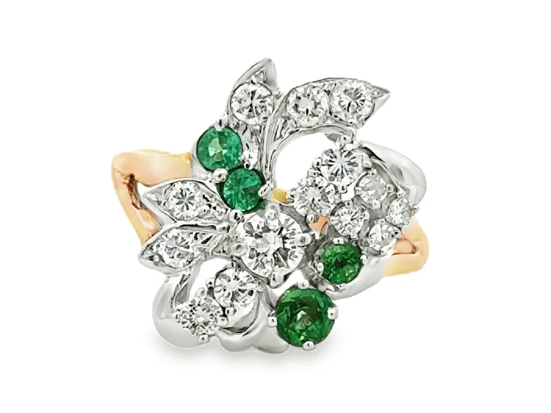 Rings with carved turquoise for artistic flair -Diamond and Emerald Cluster Cocktail Ring 18k White and Yellow Gold