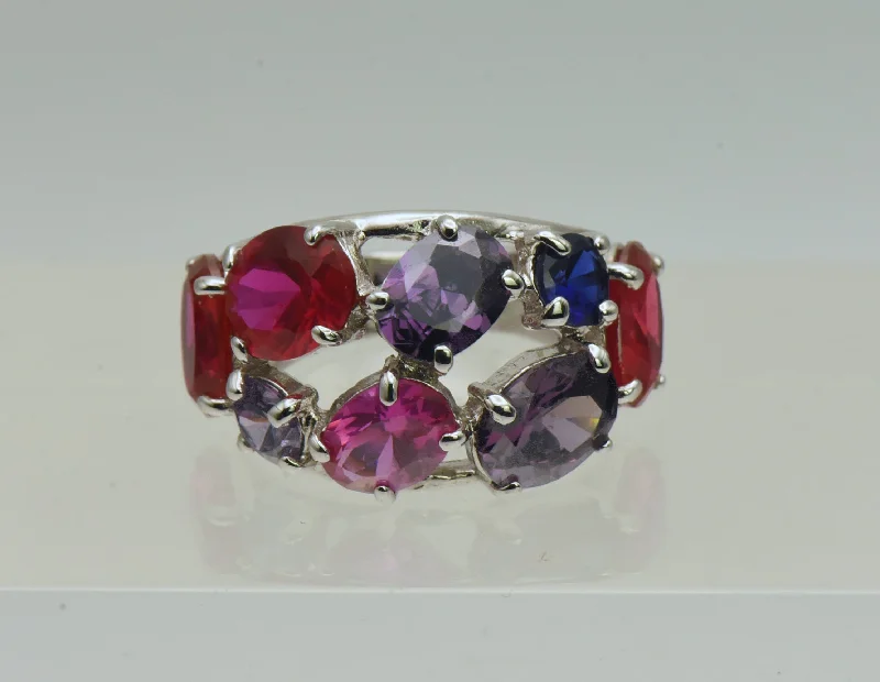 Rings with carved onyx for bold sleekness -Vintage Sterling Silver Synthetic Ruby and Sapphires, CZ Ring - Size 6.25