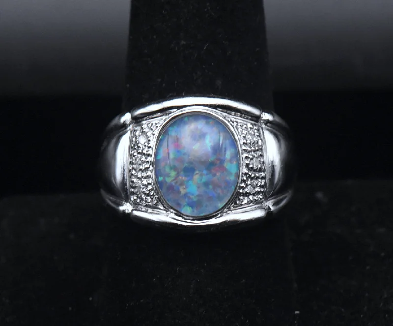 Rings with etched floral bands for detail -Vintage Opal Triplet and Diamonds Sterling Silver Ring - Size 9.25