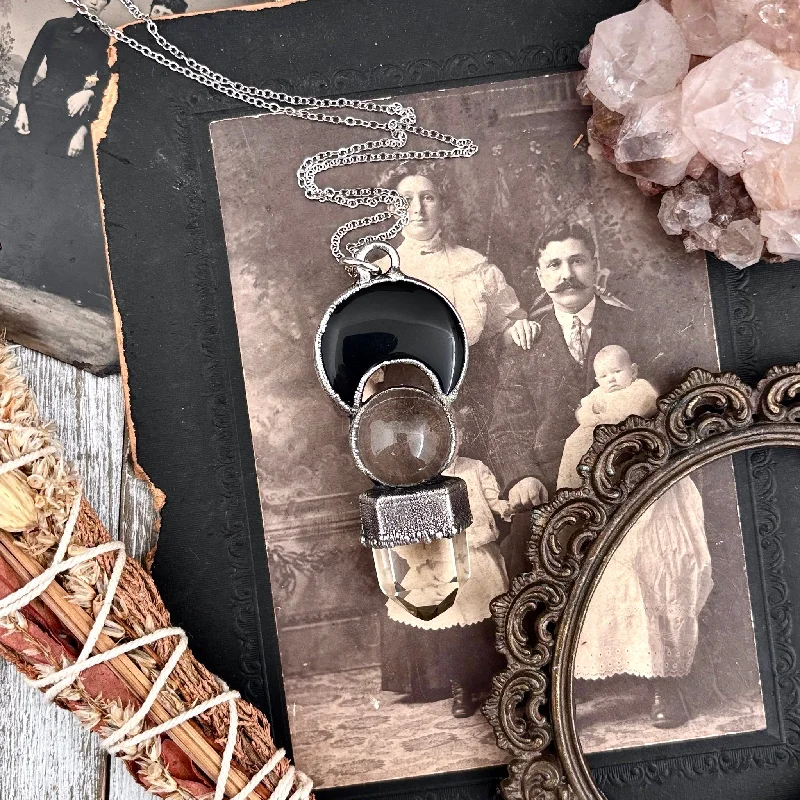 Beautiful necklaces and pendants with diamond-encrusted designs for maximum sparkle-Vintage cameo necklaces for a classic touch -Black Onyx Moon, Clear Quartz Crystal ball, Smoky Quartz Necklace in Fine Silver / Foxlark Collection - One of a Kind