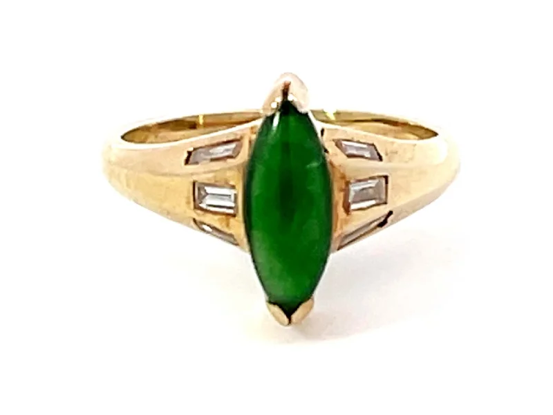 Rings with lotus flower engravings for peace -Marquise Jade Baguette Diamond Ring 14k Yellow Gold