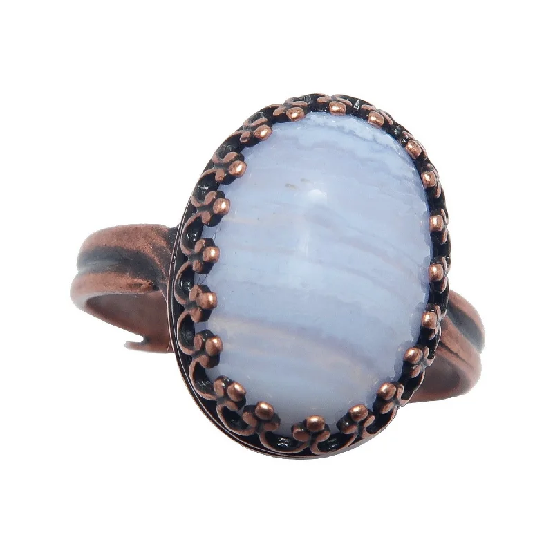 Rings with polished tourmaline for vibrant shine -Blue Lace Agate Ring Calm Antique Copper Adjustable