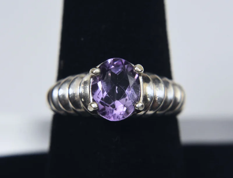 Rings with aquamarine stones for ocean charm -Sterling Silver Ribbed Shank Purple Stone Ring - Size 8