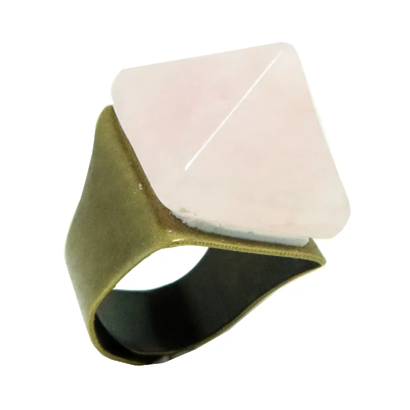 Rings with rough peridot for green texture -Rose Quartz Ring Pink Pyramid Bronze Adjustable