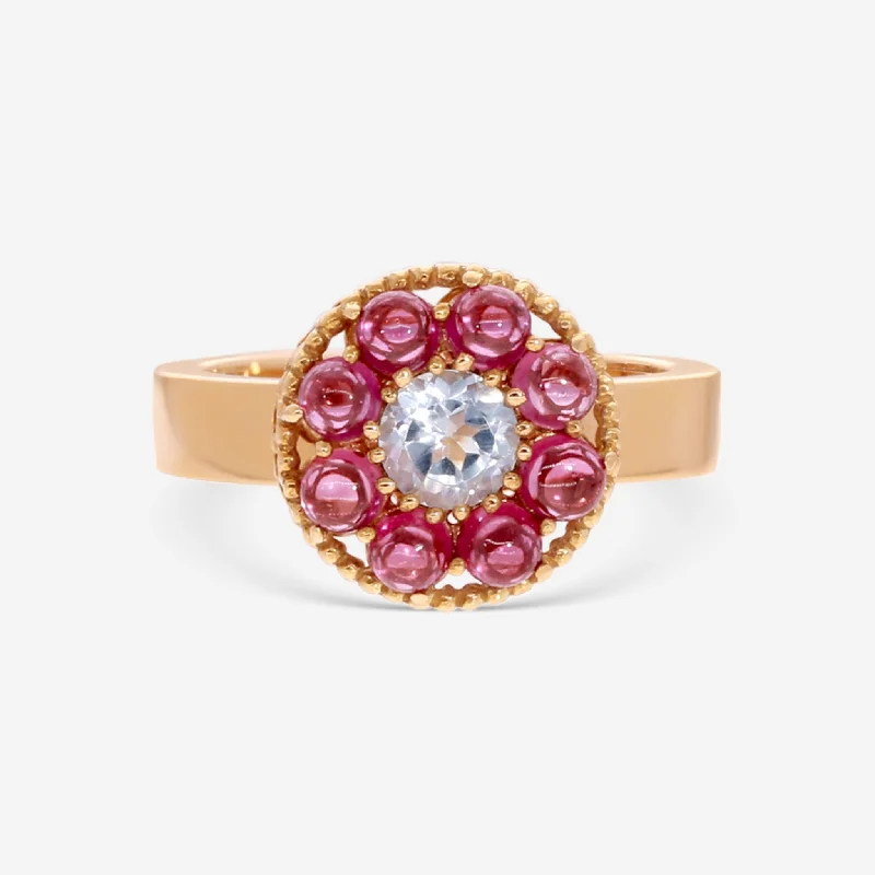 Rings with mandala engravings for spiritual vibe -Nanis Notre Dame 18K Yellow Gold Blue Topaz & Rhodolite Cocktail Ring AH17-560