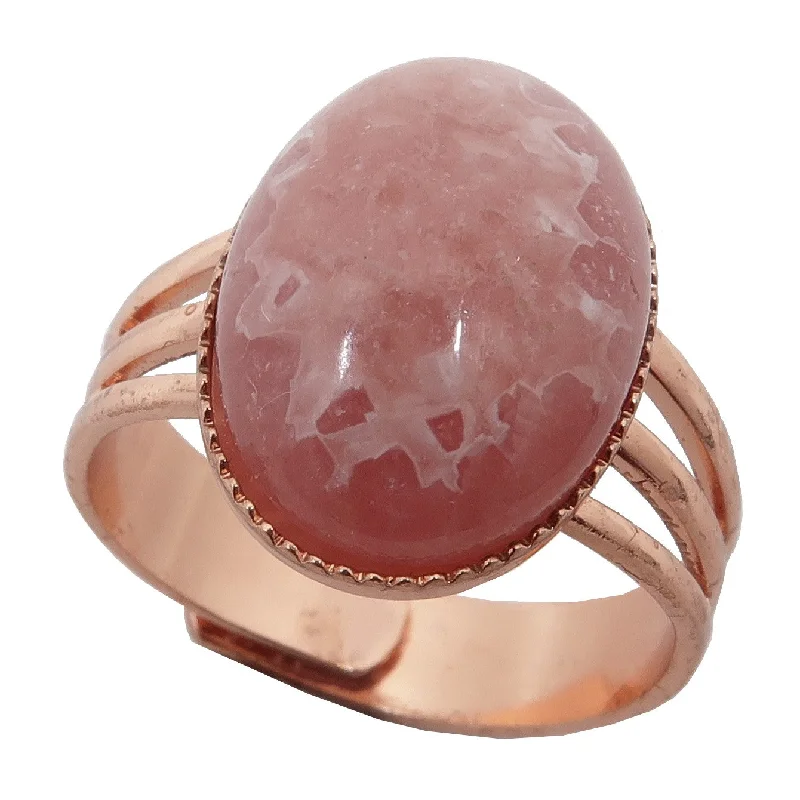 Rings with shield-shaped stones for boldness -Rhodochrosite Ring Pink Lover Crystal Copper Adjustable