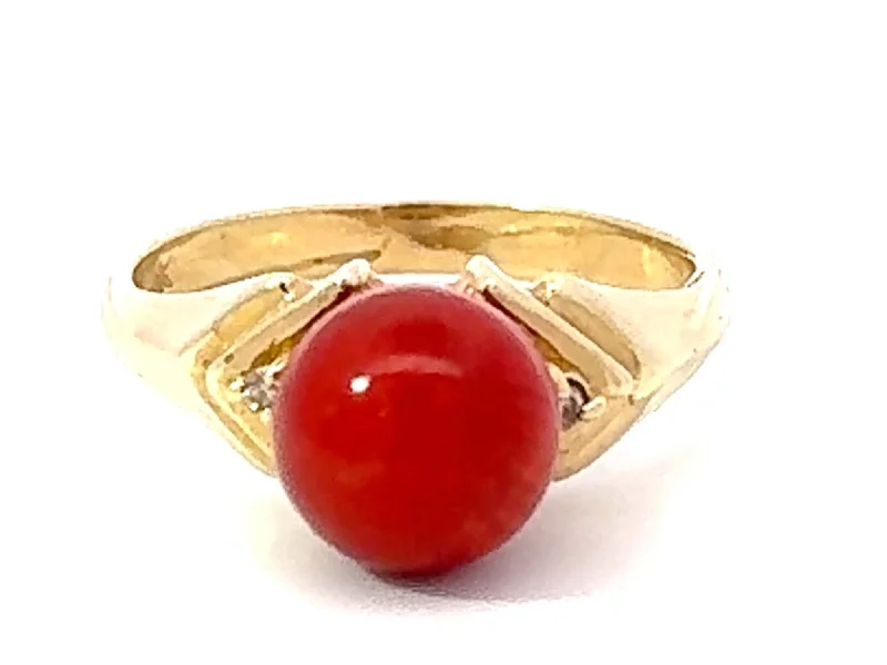 Rings with carved turquoise for artistic flair -Red Aka Coral Sphere and Diamond Ring 14k Yellow Gold