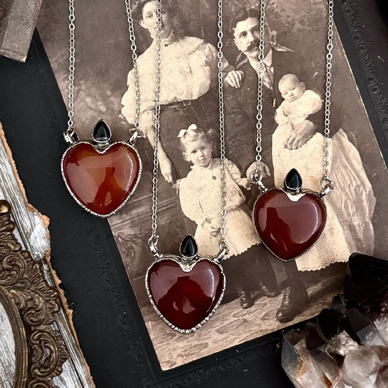 Beautiful necklaces and pendants with gemstone teardrops for an elegant effect-Bohemian-style necklaces for festival fashion -Carnelian Crystal Heart Black Onyx Teardrop Statement Necklace in Fine Silver / Foxlark Collection - One of a Kind