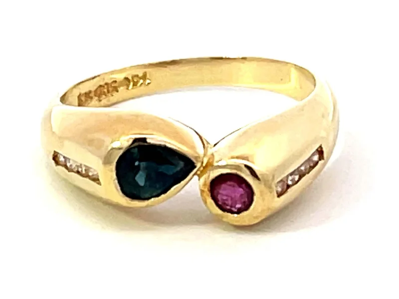 Rings with crescent moon for lunar charm -Blue Sapphire Red Ruby Diamond Ring 14k Yellow Gold