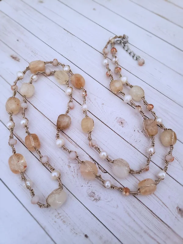 Beautiful necklaces and pendants with layered chains for a fashionable, chic look-Nature-inspired necklaces for outdoor lovers -Citrine Necklace - Macrame with Pearls