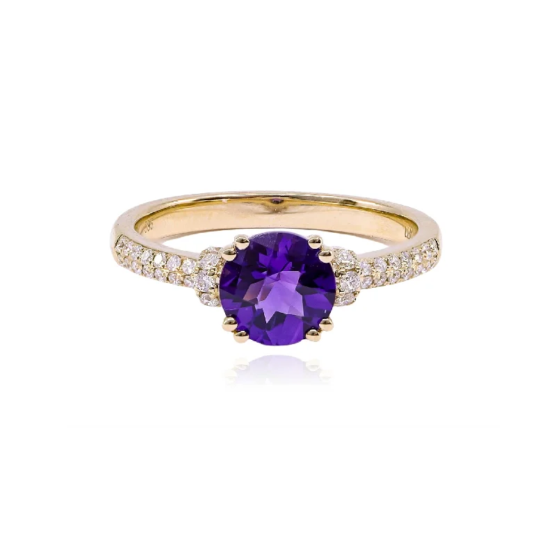 Minimalist rings with tiny diamond dot accents -14K YELLOW GOLD AMETHYST DIAMOND COCKTAIL RING