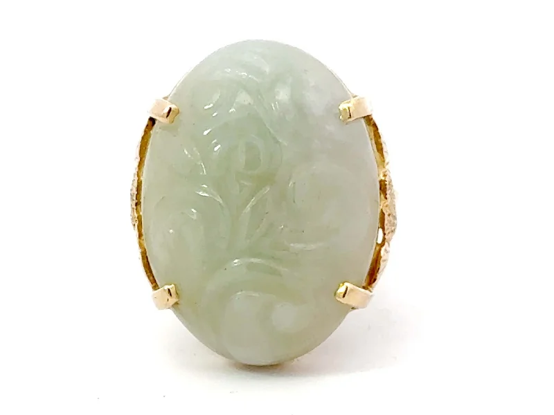 Rings with aventurine gems for green luck -Oval Carved Nephrite Jade Ring 14K Yellow Gold