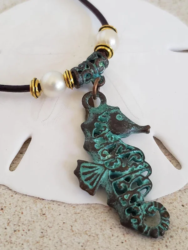 Best necklaces and pendants with crystal accents for a sparkling and elegant style-Boho style necklaces for summer -Seahorse Pendant Necklace- Antique Copper & Leather