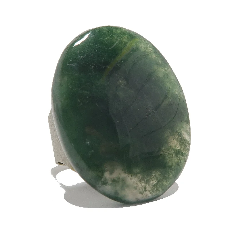 Rings with polished tourmaline for vibrant shine -Moss Agate Ring Green Forest Finger Bronze Adjustable