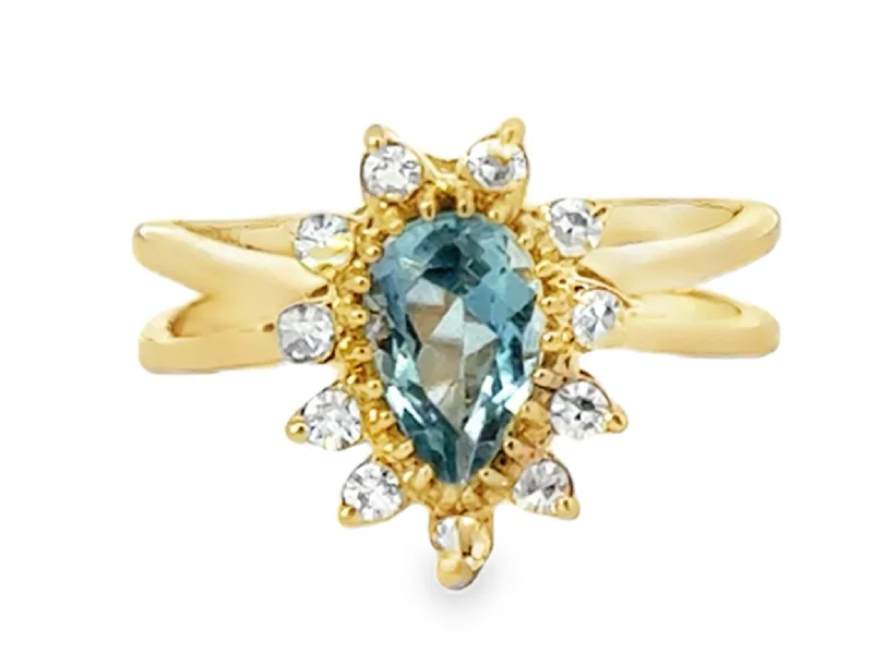 Rings with blue quartz for cool tones -Pear Shaped Aquamarine and Diamond Halo Ring 14k Yellow Gold