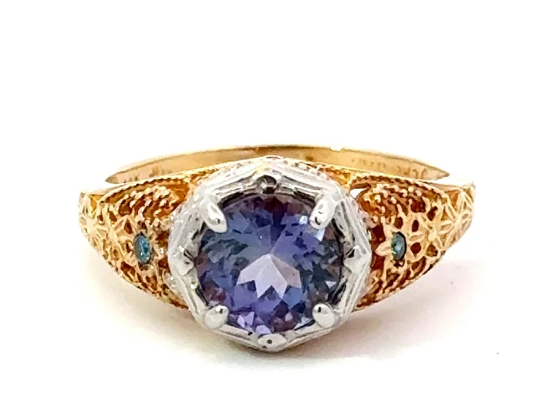 Rings with tiger eye bands for warmth -Blue Purple Round Tanzanite Filigree Ring 14k White and Yellow Gold