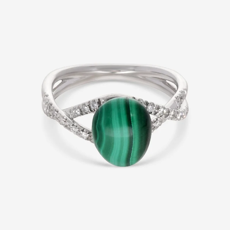 Rings with sleek black agate for edge -SuperOro Meteo 18K White Gold Diamond & Malachite Statement Ring METEO/A774