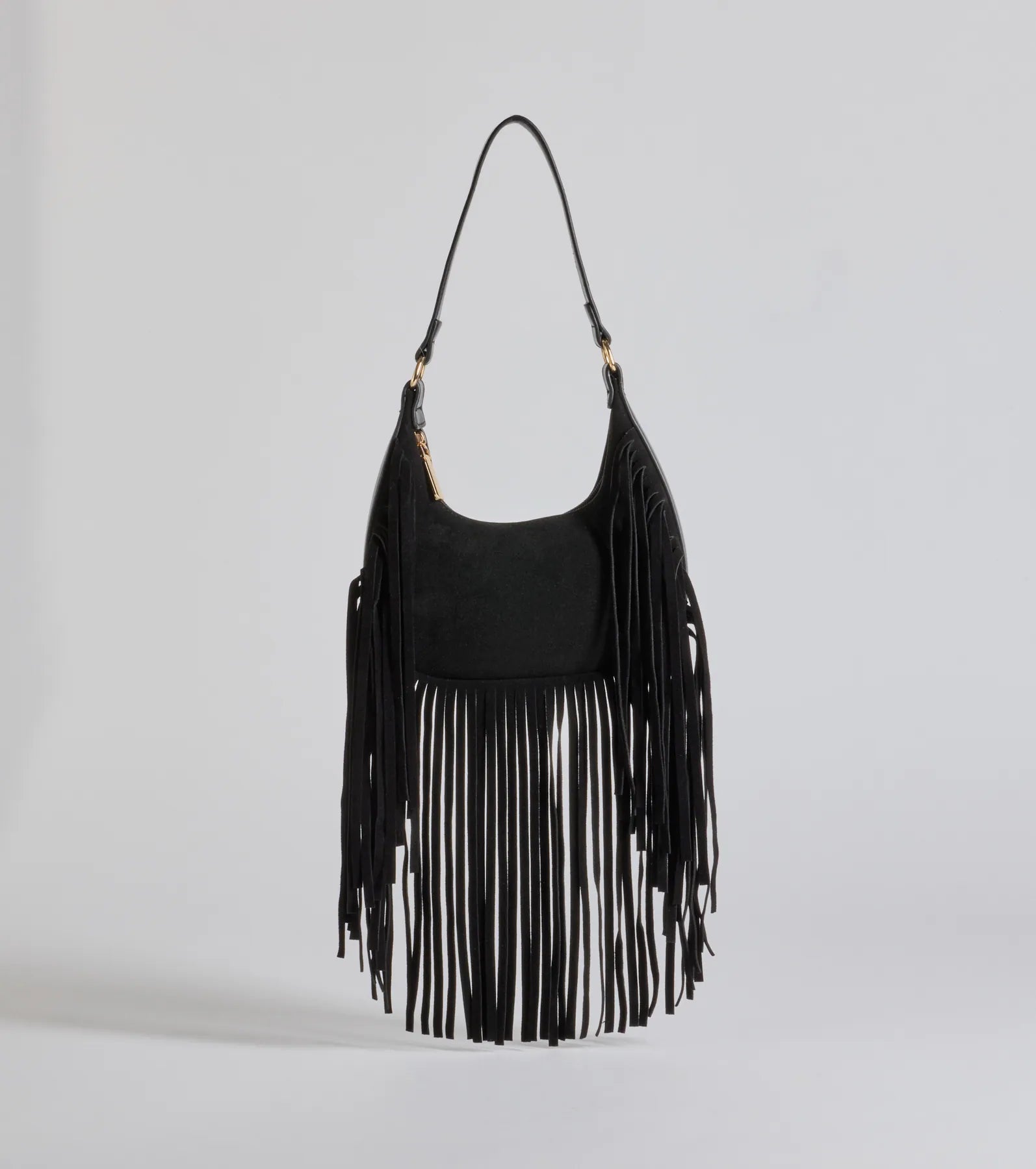 Rings with moonstone gems for ethereal glow -Caught In The Fringe Faux Suede Shoulder Bag