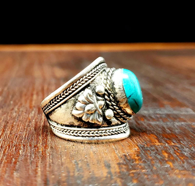 Rings with adjustable bands for perfect fit -Silver Tibetan Turquoise Ring