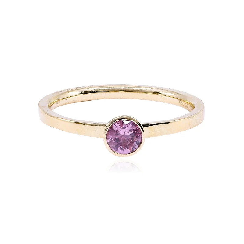 Rings with etched floral bands for detail -14K YELLOW GOLD PINK SAPPHIRE RING