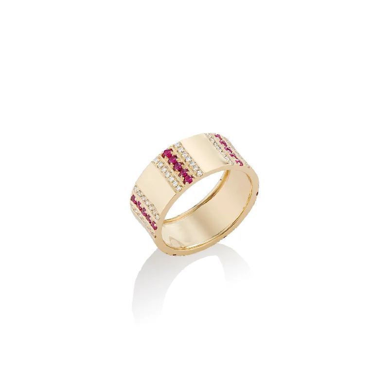 Rings with moonstone gems for ethereal glow -Pinstripe Strength Diamond and Ruby Cigar Band Ring