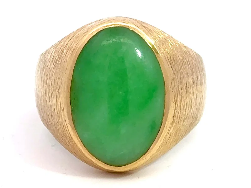 Rings with sunburst citrine for radiant appeal -Oval Cabochon Green Jade Ring Satin Finish 14K Yellow Gold